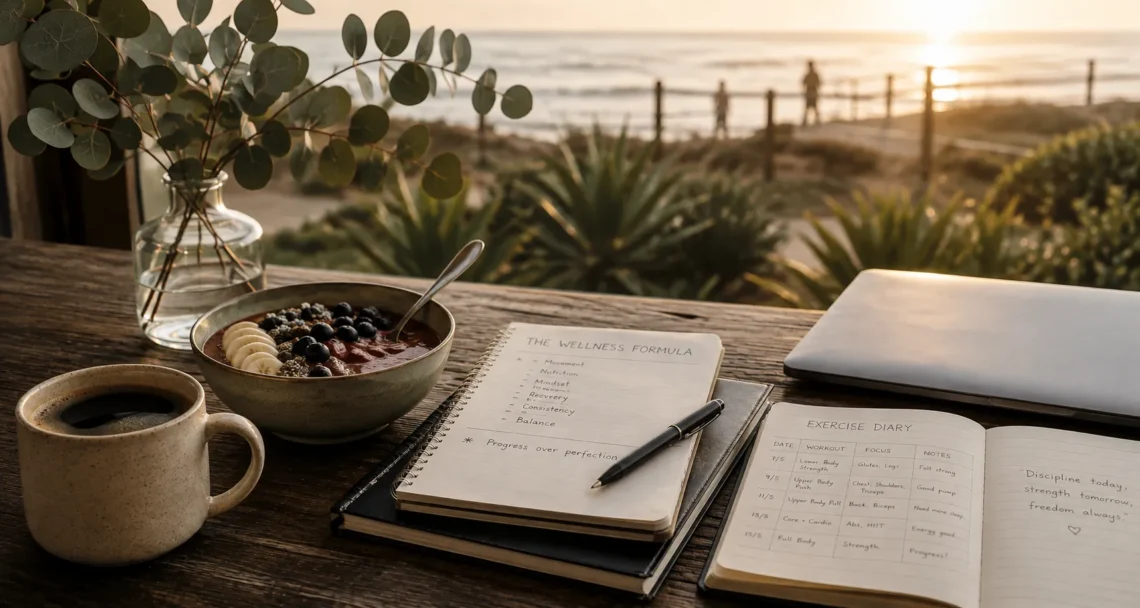 Serene morning coffee and journaling with view of beach and ocean